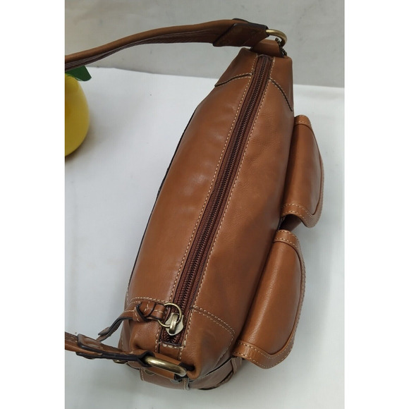 Fossil Brown Leather Front Pockets Zipper Closure Hobo Shoulder Bag - Picture 7 of 16